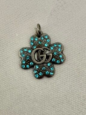 Gucci Gunmetal Pendant, Charm, bright blue crystals, upcycled, Authentic
